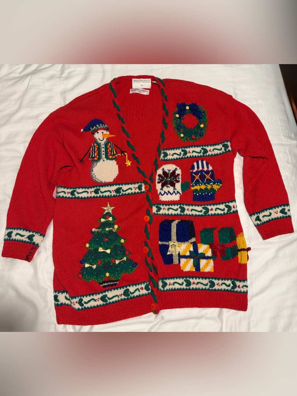 Marisa Christina Red Holiday Cardigan with Festive Appliqués